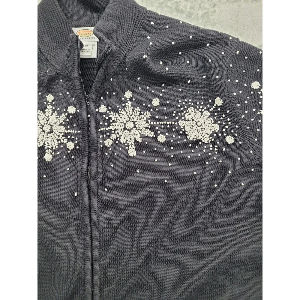 Talbots Cardigan Sweater Womens 2X Navy Blue Snowflake Full‎ Zip Cotton